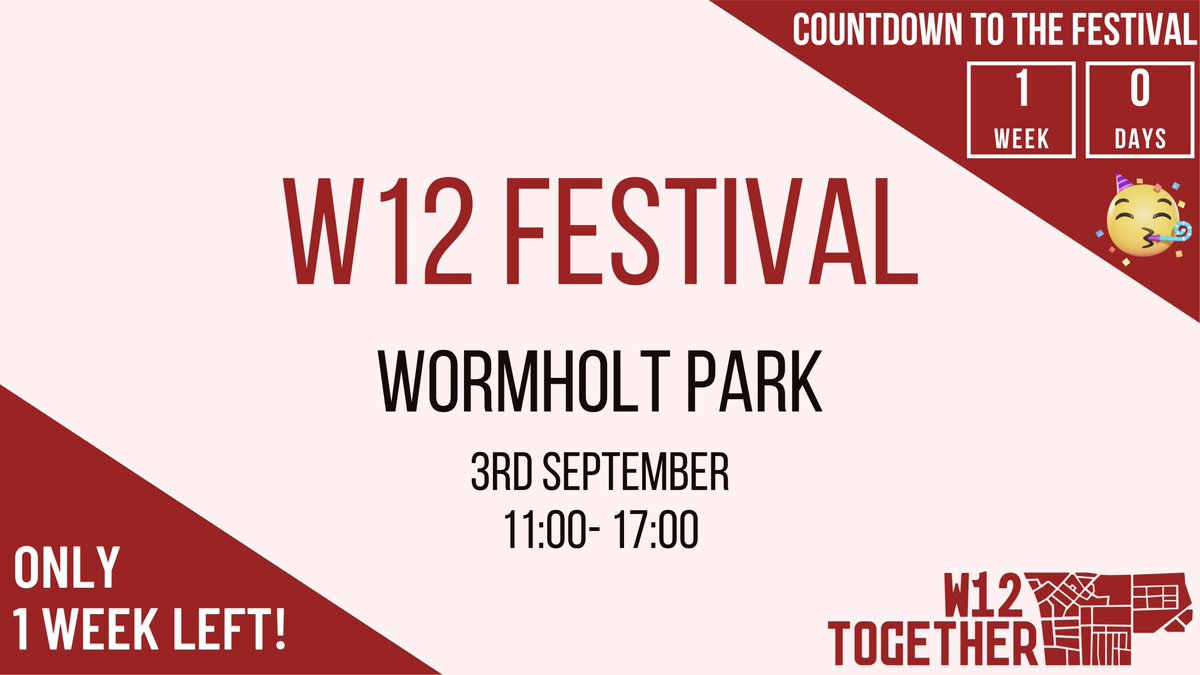 w12together's tweet photo. Just one week left!! ๐๐๐
We hope you are as excited for the W12 Festival as we are ๐ฅณ
To attend, get for your free tickets here:
https://t.co/TMLtaUXejP.
#W12Together #W12Festival #Summer #Festival #Event #Wormholt #WhiteCity #Community https://t.co/uumrvCyJAB