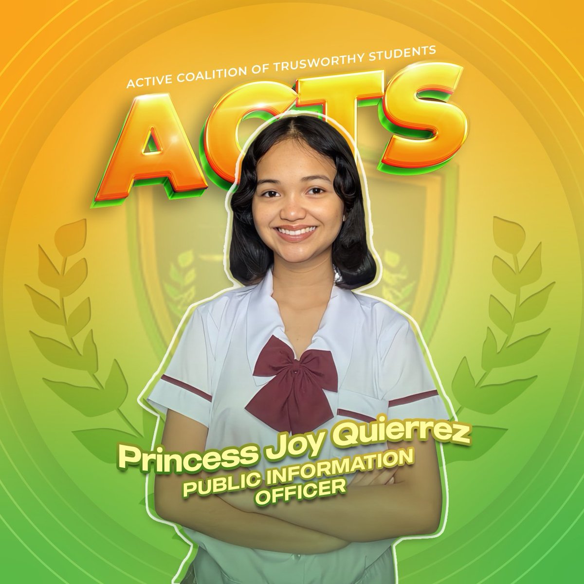 cssqrrz's tweet photo. I am Princess Joy Quierrez, your Public Information Officer from the ACTS Party, Active Coalition of Trustworthy Students π°
KAYA SAN KA PA? TARA! ACTS NA! π§‘π
#ACTSAdvancementDuringAdjustment
#ActsComingbackToServe
#ACTSParty https://t.co/3bnYsp0OWg
