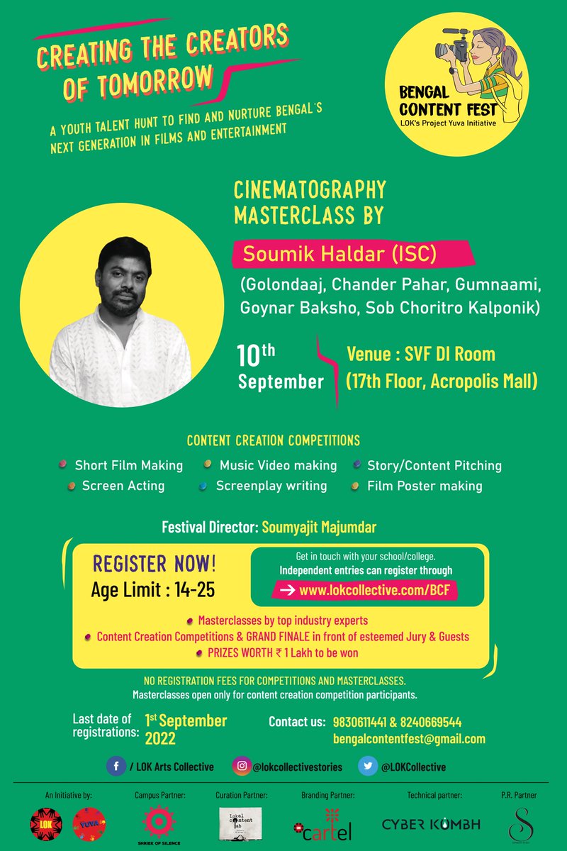 Learn about creating the look, colour, lighting and framing of a shot in a film from #SoumikHaldar at LOK Project Yuva's initiative Bengal Content Fest supported by #SVF. Register now on lokcollective.com/BCF. 

<a href="/SVFsocial/">SVF</a> <a href="/LOKCollective/">Lok Arts Collective</a> <a href="/soumyajitLOK/">soumyajit majumdar</a>
<a href="/AhanaSVF/">AhanaK</a> <a href="/abhishekdagaa/">abhishek daga</a>