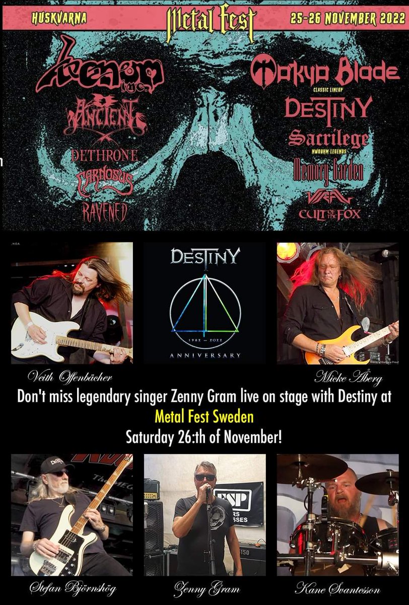 Destinymetal's tweet photo. Good news everyone, Zenny Gram has agreed to handle the lead vocals for Destiny at Metal Fest Sweden, November 26!
Hope to see you there!
https://t.co/hbERvxIkZ9
#HeavyMetal #HardRock #SwedishMetal #ProgressiveMetal
#DestinySweden #DestinyMetal #MetalFestSweden
#HuskvarnaMetalFst https://t.co/VyfFIGDovp
