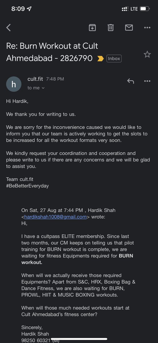 Hardik7's tweet photo. @cultfitOfficial Does your company even read the email before replying? This has just happened. https://t.co/DEgi0O1FZW