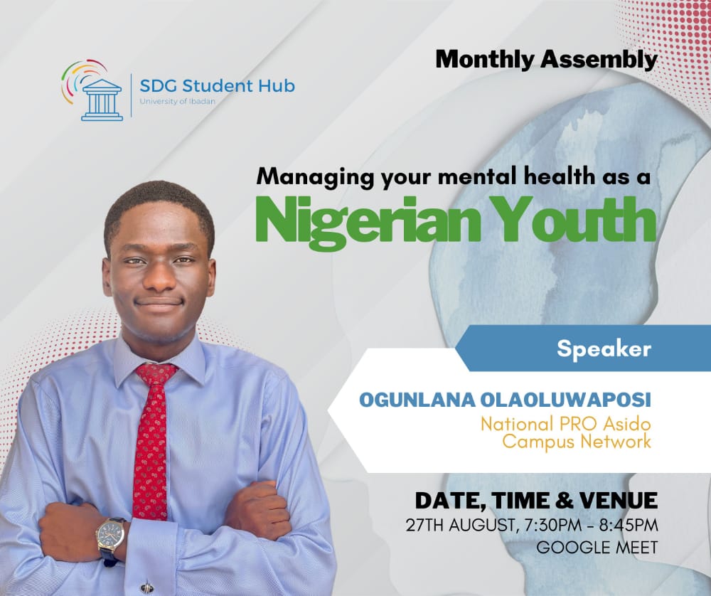 HubUnibadan's tweet photo. Today🔥🔥 by 7.30pm

We can't wait to see you then!🤗

#sdgstudenthubui #SDGs #Mentalhealth #ASSU https://t.co/yUpYoBRrA0