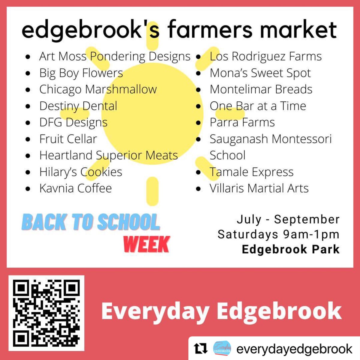 It’s Back To School Week, TODAY at the Everyday Edgebrook Farmers Market!

#Repost
・・・
🎈Edgebrook's Farmers Market - August 27th is sponsored by Raynor Door Company!