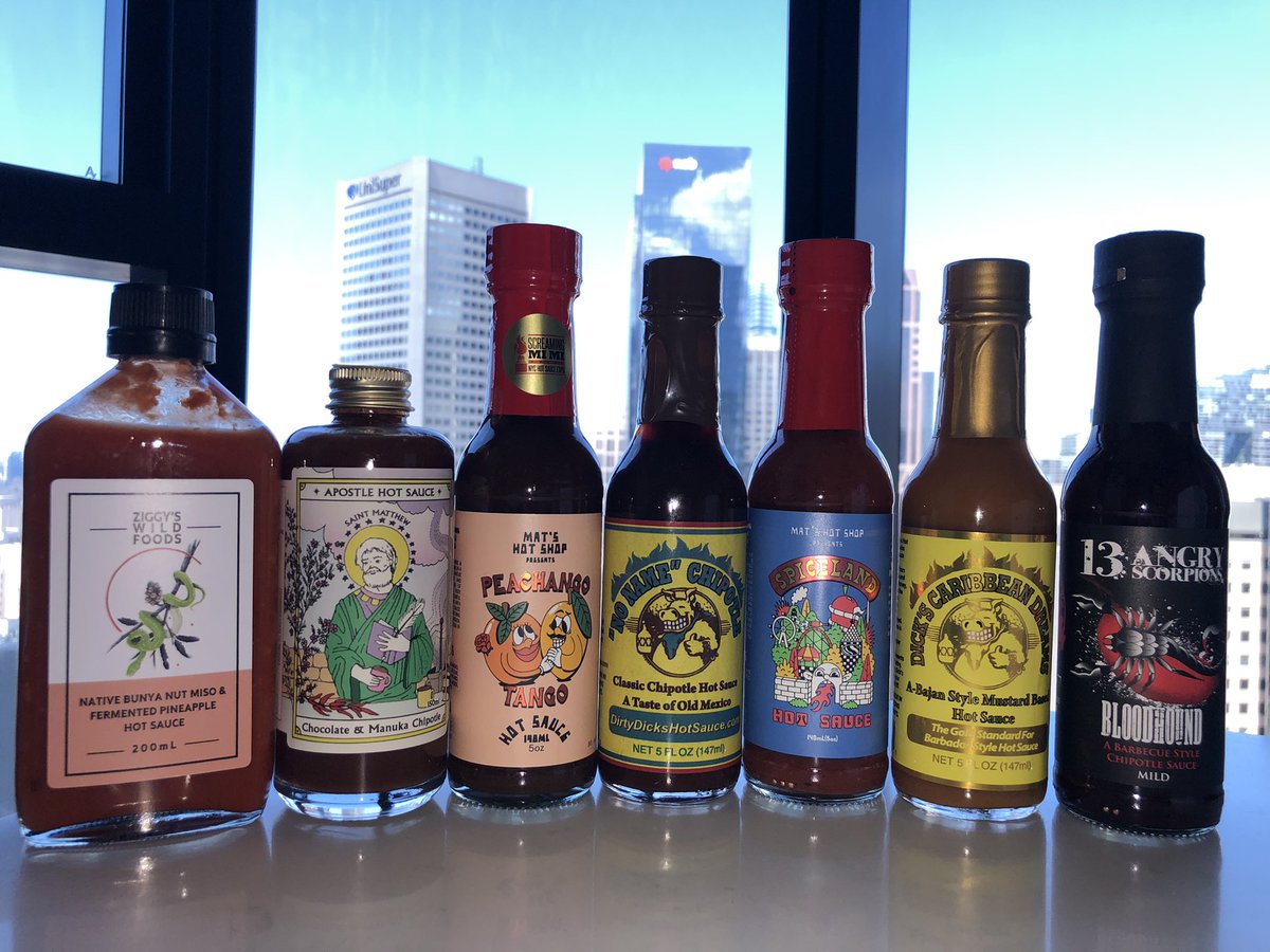 cferstat's tweet photo. Our #hotsauce haul from @MatsHotShop … as heard about on @abcperth @steenslaytonatr . Spent more time and had more fun than expected trying some of their huge range of sauces. @erbladen https://t.co/qcgq9z2rGH