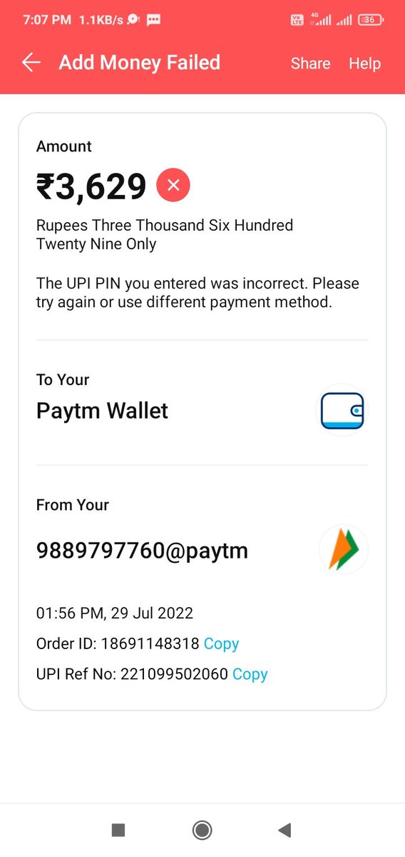 Vaibhav09603568's tweet image. #paytm #paytmsupport #paytmworstservice #ucobank #ucobankworstservice #consumerprotectionact 
Mere A/C se 3629 ₹ deduct hua paytm upi se wallet money main add karte samay. Jiska uco bank me shikayat ke baad bhi abhi tak kuch bhi wapas nahi aaye.