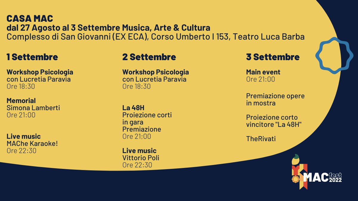 Inizia oggi il #MACfest2022! 

Dopo un anno di preparativi e mesi di organizzazione, negli ultimi giorni abbiamo completato l’allestimento di #CasaMAC. Diamo il benvenuto alla IV edizione del MAC fest!

Per iscriversi alle attività: lnk.bio/RZPI

#macfestcava