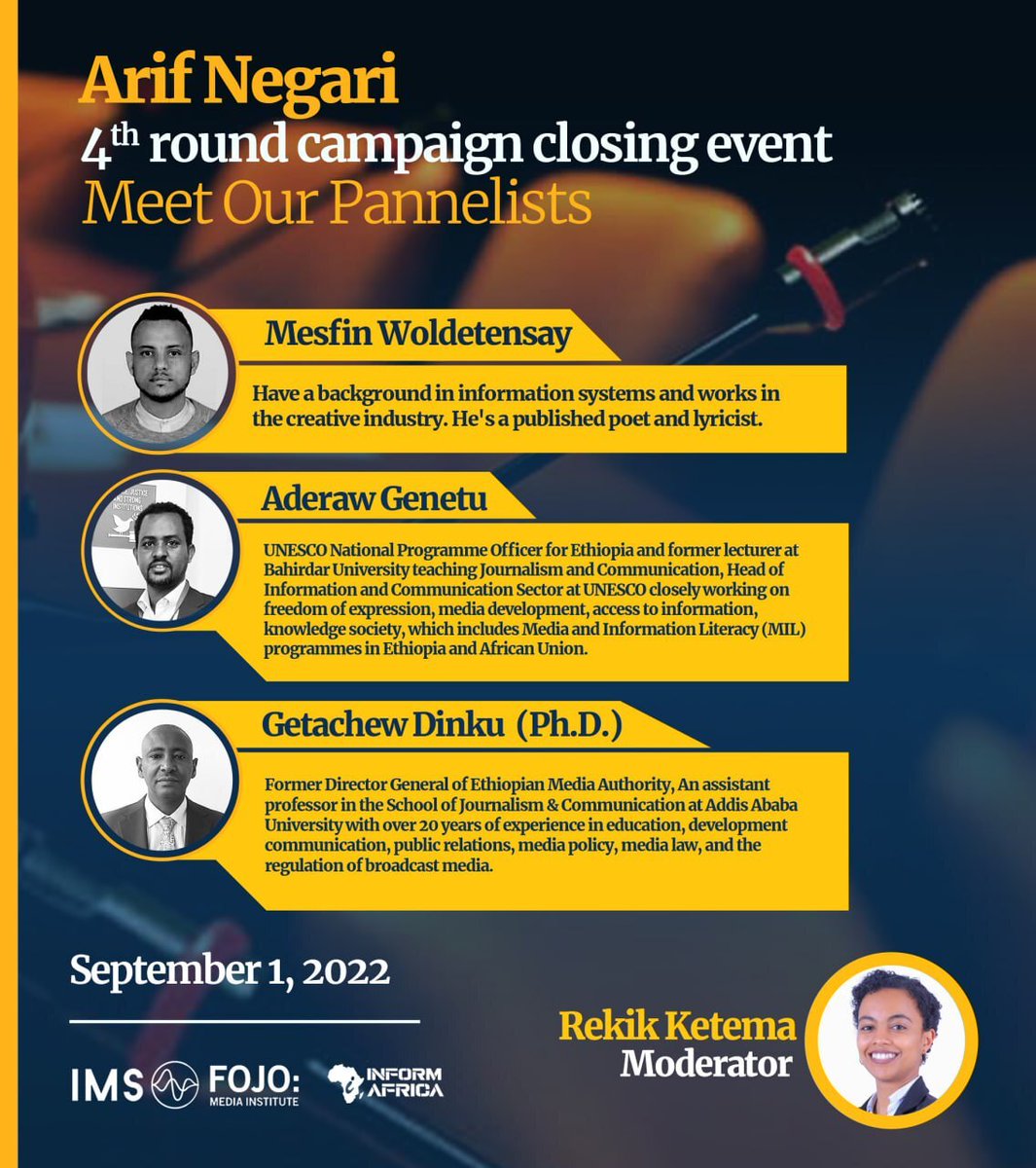 ArifNegari's tweet photo. Meet the panelist for the 4th round #ArifNegari panel discussion titled “media literacy for betterment society ”

On the event, the winner of video competition and closing events will be announced.

If you want to attend the event, send us your name via our telegram @informafrica https://t.co/Mrzgik4xMJ