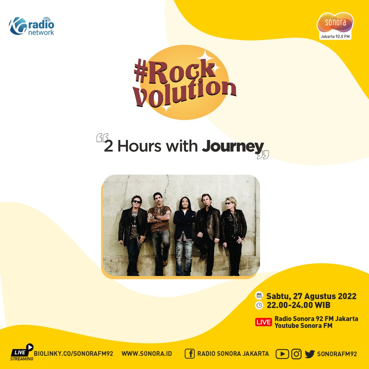 SonoraFM92's tweet photo. Lebih dari 49 tahun, Journey telah menjadi salah satu band rock klasik terbesar sepanjang masa. 

Simak Cerita Lengkapnya dlm #ROCKVOLUTION 

🗓 Sabtu 27 AGT 2022
🕙 22.00-24.00 wib
📍Live On Air: #SonoraNetwork
📍Live Youtube: Sonora FM 
📍Live Streaming: https://t.co/qrqTCnw6Ww https://t.co/2zwvhBriyx
