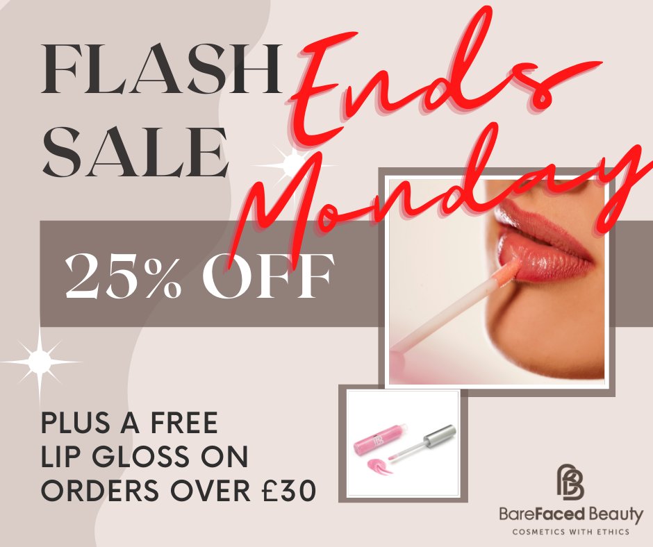 BarefacedBeauty's tweet photo. OUR FLASH SALE IS ENDING THIS MONDAY, 
WITH 25% OFF EVERYTHING, YOU WONT WANT TO MISS OUT!
PLUS A FREE LIP GLOSS OF YOUR CHOICE WHEN SPENDING OVER £30. 
https://t.co/PjqFkFzt9M https://t.co/6VKdaicJ7G