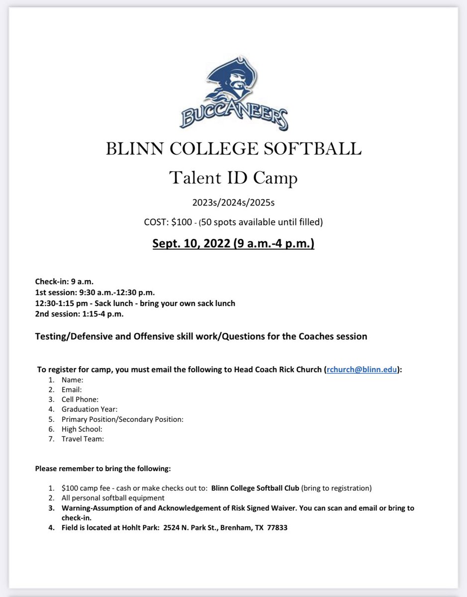 Fall Talent ID Camp Info!

Saturday September 10
9am - 4pm
BLINN Softball Field @ Hohlt Park
Open to 2023 / 2024 / 2025

Sign Up Info Here
buccaneersports.com/sports/sball/B…