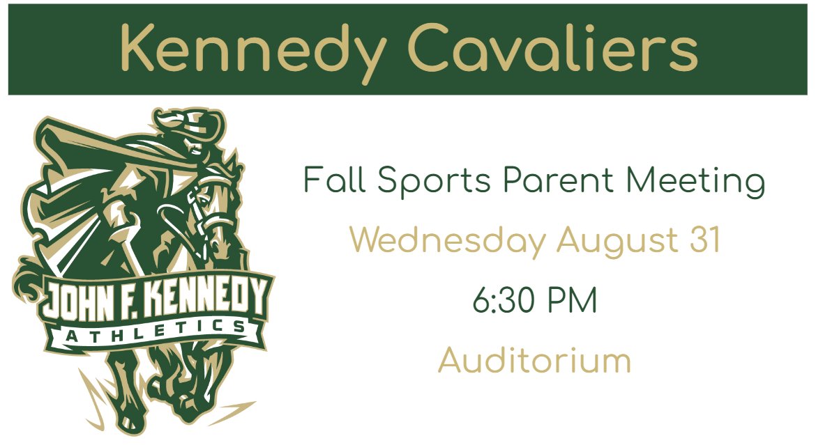 JFK Athletics (@athletics_jfk) on Twitter photo The Kennedy Athletic Department will host our Fall Sports Parent Night to kick off the season on Wednesday August 31 @ 6:30. Let's Go Cavs!
@KennedyMCPSPrin <a href="/KennedyHS_PTSA/">John F. Kennedy High School PTSA</a> <a href="/kdyfieldhockey/">JFK Field Hockey</a> <a href="/VolleyballJfk/">JFK_Volleyball</a> <a href="/jfkpoms_/">JFKPoms</a> <a href="/KDYFOOTBALL/">#Jfkfootball</a> The Kennedy Athletic Department will host our Fall Sports Parent Night to kick off the season on Wednesday August 31 @ 6:30. Let's Go Cavs!
@KennedyMCPSPrin <a href="/KennedyHS_PTSA/">John F. Kennedy High School PTSA</a> <a href="/kdyfieldhockey/">JFK Field Hockey</a> <a href="/VolleyballJfk/">JFK_Volleyball</a> <a href="/jfkpoms_/">JFKPoms</a> <a href="/KDYFOOTBALL/">#Jfkfootball</a>