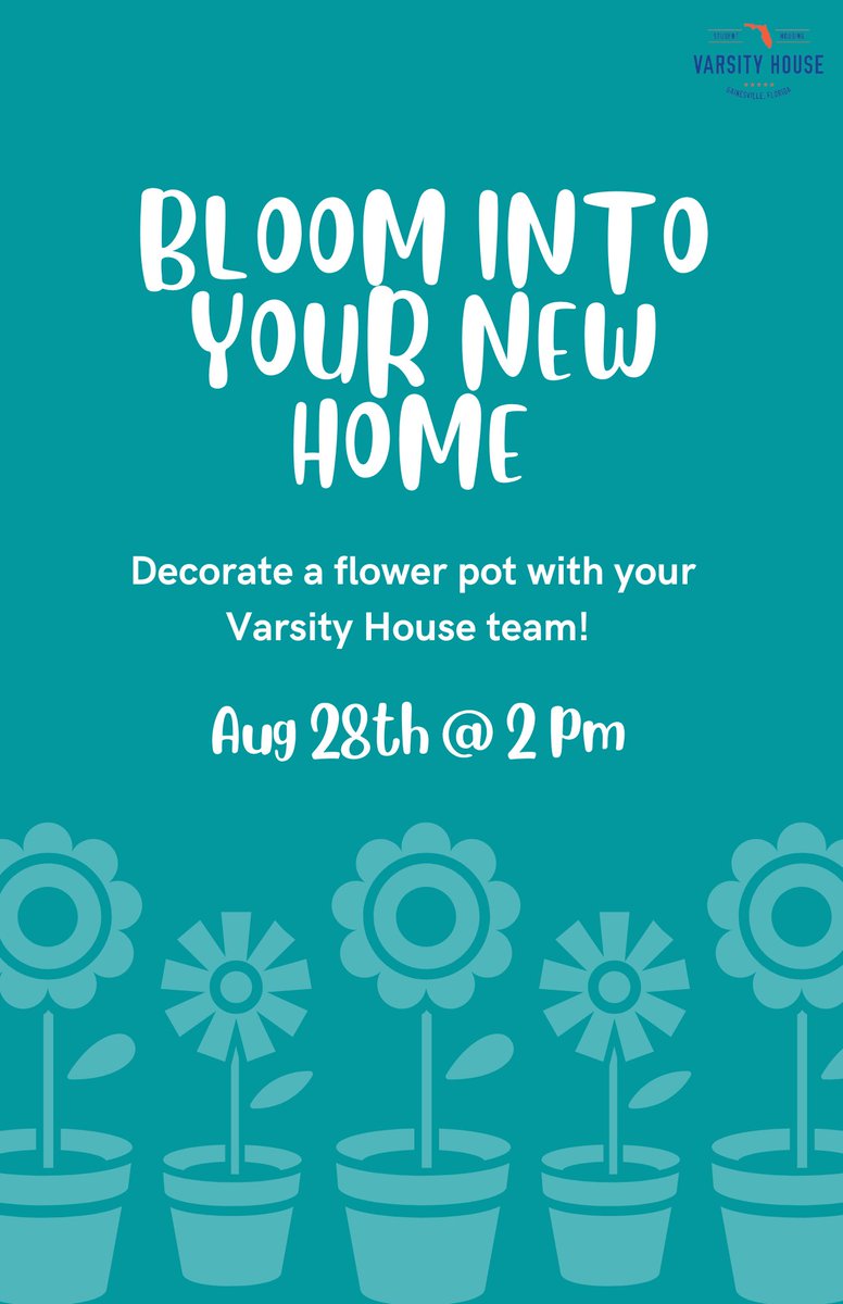 VarsityHouseUF's tweet photo. 👩‍🎨 LET YOUR INNER PICASSO BLOOM 👨‍🎨

🤸‍♀️ We’re thrilled to kick-off Welcome Week this Sunday at 2 PM to 4 PM with our “Bloom Into Your New Home” arts and crafts event 🎨 Come enjoy an afternoon filled with flower pots, paints, canvases, friends, and music 🎶 https://t.co/CSbf9kmfaw