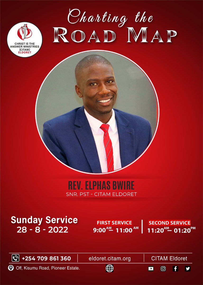 Join us in our Sunday services tomorrow at 9:00am and 11:20pm. Our senior pastor, Rev. Elphas Bwire will be sharing a transforming sermon on "CHARTING THE ROADMAP."