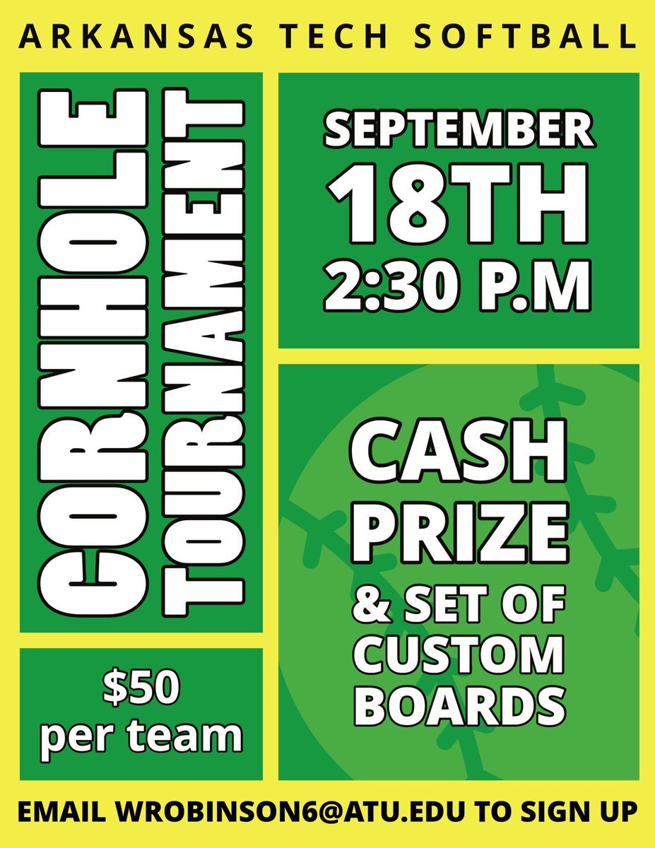 ATUSoftball's tweet photo. Join us for our cornhole tournament fundraiser! It is $50 per team to enter and each team will be 2 players. Contact wrobinson6@atu.edu https://t.co/tGVrPq9ip5