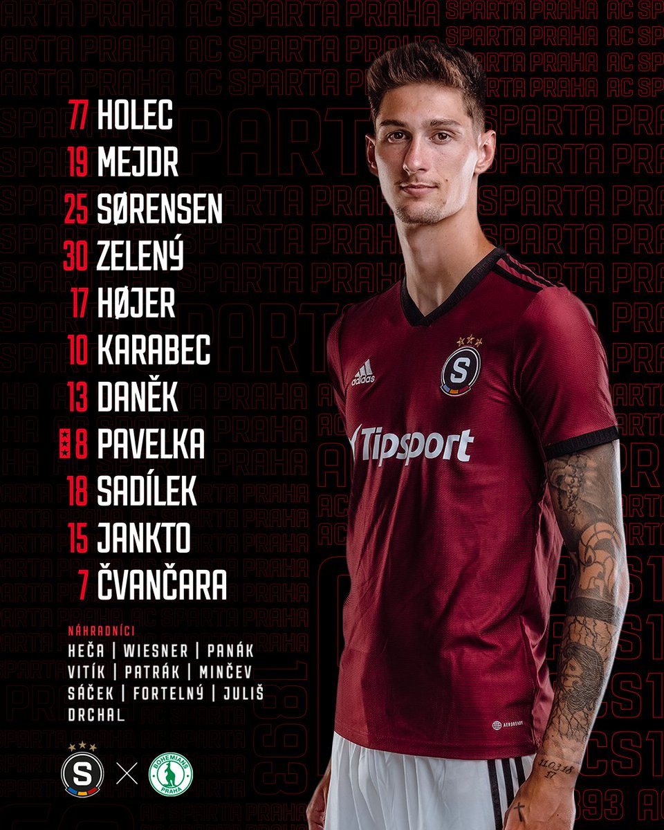 ACSparta_CZ's tweet photo. 1️⃣1️⃣ SESTAVA | V této sestavě nastoupíme do zápasu proti Bohemians 🏟 

ℹ️ Ze zdravotních důvodů nejsou k utkání připraveni Haraslín, LK37, Čelůstka, Pešek, Vindheim a Vorel. Kvůli disciplinárnímu trestu chybí Kuchta. #acsparta https://t.co/KipFC4zhha