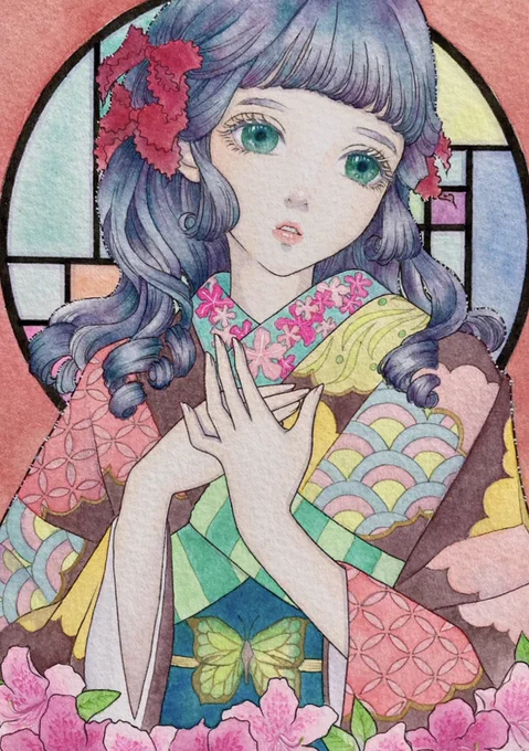 #水彩の魔術師の集い「私は大正ロマンの魔術師です」遅れましたが素敵なタグに便乗させていただきます着物の女の子を描くのが好きです 