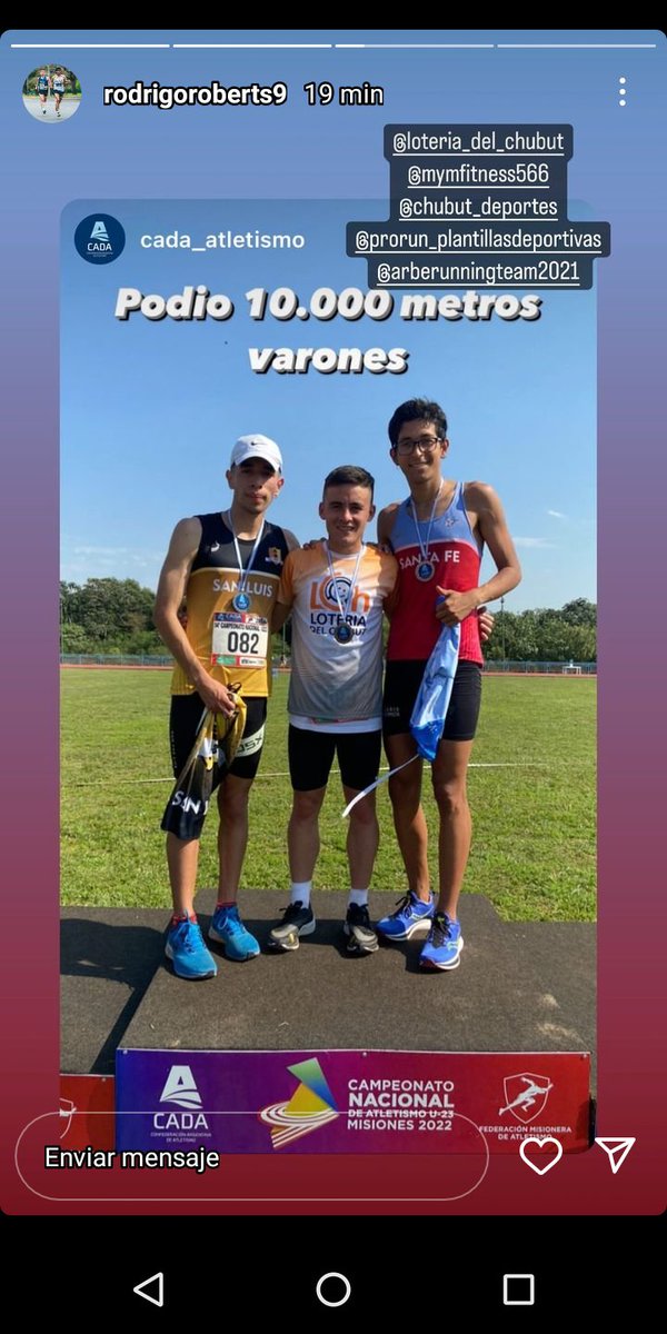MenenFernandez's tweet photo. Esquel, cuna inagotable de Campeones. En el Argentino  de Pista Sub23 @CADA8 en Posadas (Misiones) Rodrigo Roberts ganó la prueba de 10 mil metros y mañana compite en la prueba de 5 mil. Grande Rodri! @eeugefernandez @chubutdeportes_ @daniarcucci @FactorRunning @carlos_barria26 https://t.co/cX8rB6Goqs
