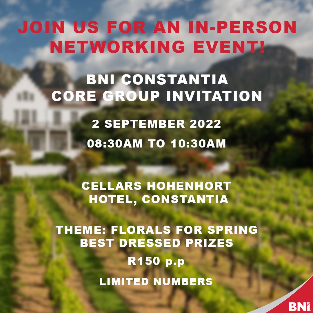 bnicapetown's tweet photo. Have you booked for our Spring Networking Event?

 #capetown #entrepreneurs #BNI #business #Constantia #Networking #marketing https://t.co/7C4umnYGKl