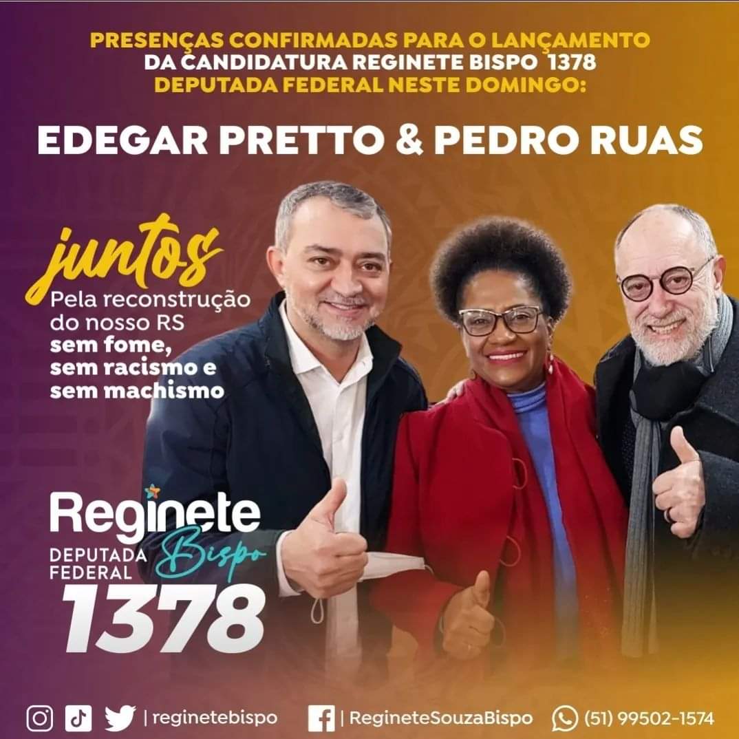 reginetebispo's tweet photo. É no domingo! Lançamento da candidatura Reginete Bispo Deputada Federal 1378 com @EdegarPretto, @PedroRuasPsol e você!
#RegineteBispoDeputadaFederal1378
#Pretasnopoder https://t.co/kXQd7fMpSc