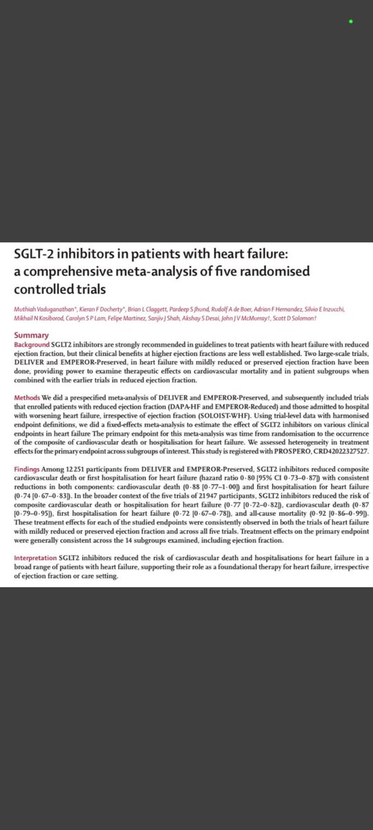 Our meta-analysis of SGLT2 inhibitors in HF is now online in <a href="/TheLancet/">The Lancet</a> showing a 
consistent reduction in the risk of CV death and HF hospitalisation in a broad range of 21,947
patients across range of EF and in different care settings
doi.org/10.1016/S0140-…