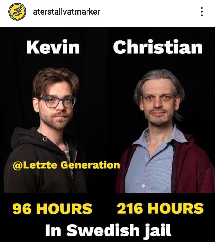 JanineClimate's tweet photo. @benson_karras Absolutely no comedy!
Kevin & Christian are suspected of sabotage, with up to 4 years in Prison!
#Sweden's police repression of #ClimateProtectors is lethal for many & even for us all!
@vatmarker
@AufstandLastGen
@JustStop_Oil
@ExtinctionR
@ExtinctionR_DE
@BespokePanic https://t.co/o6ptVUy7Ce