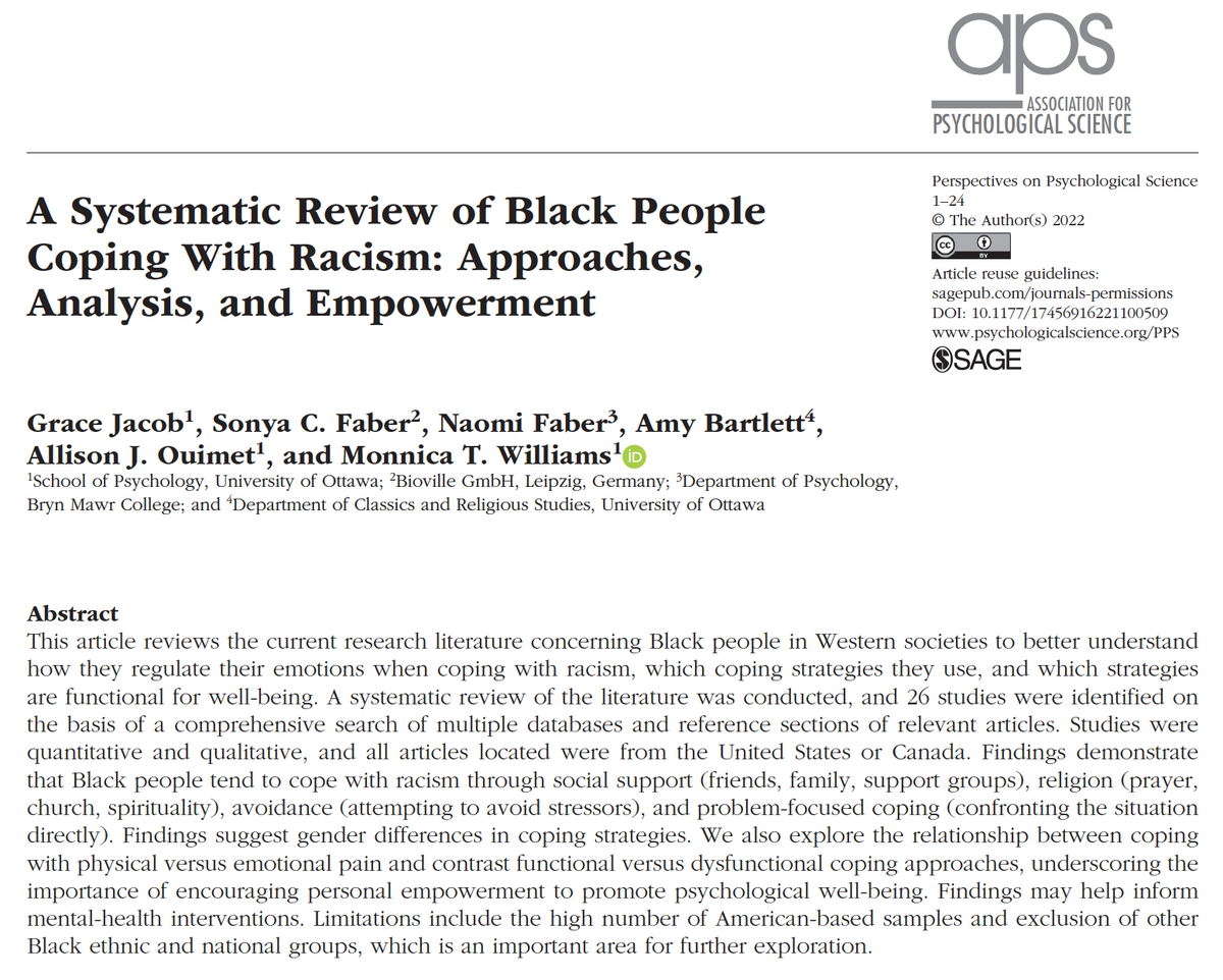 See our latest in Perspectives on Psychological Science, addressing how Black people cope with #racism, gender differences, and comparing racism to physical pain (yes, ouch!) @drmonnica <a href="/PsychScience/">Association for Psychological Science</a> <a href="/AllisonJOuimet/">Allison Ouimet</a> doi.org/10.1177/174569…