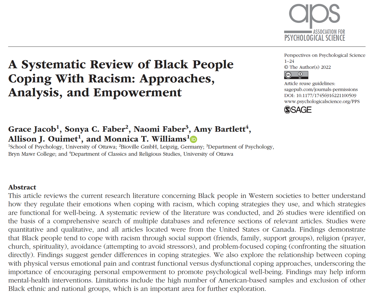 See our latest in Perspectives on Psychological Science, addressing how Black people cope with #racism, gender differences, and comparing racism to physical pain (yes, ouch!) @drmonnica @PsychScience @AllisonJOuimet doi.org/10.1177/174569…