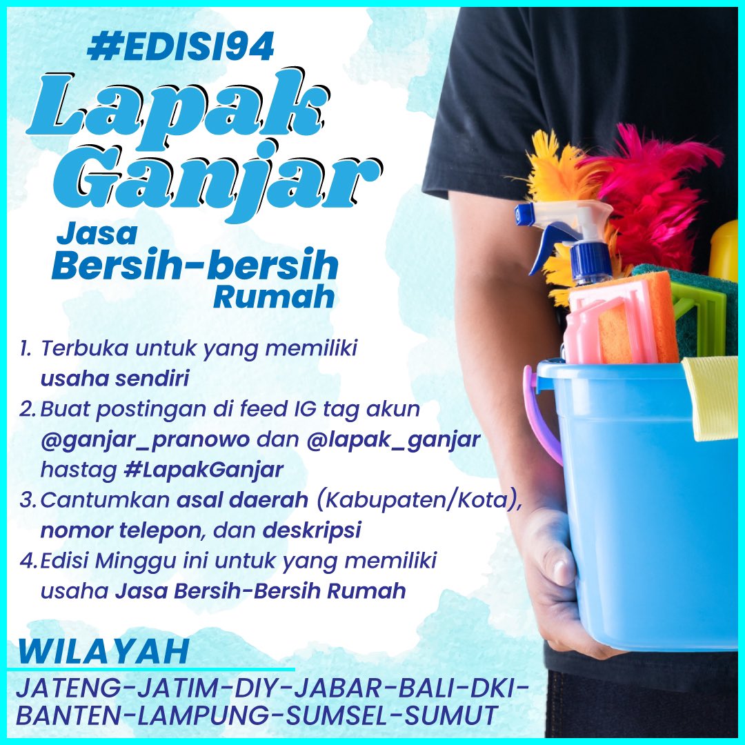 lapakganjar's tweet photo. Jika membuka usaha jasa untuk bersih-bersih rumah, bisa ikut #LapakGanjar edisi kali ini. Posting di feed IG sesuai syarat.
Bisa juga colek teman, tetangga, atau kenalanmu yang membutuhkan jasa bersih-bersih rumah. Ojo sampe omahmu sawangen ben enak disawang, gaes! https://t.co/0OmAk0rwjh