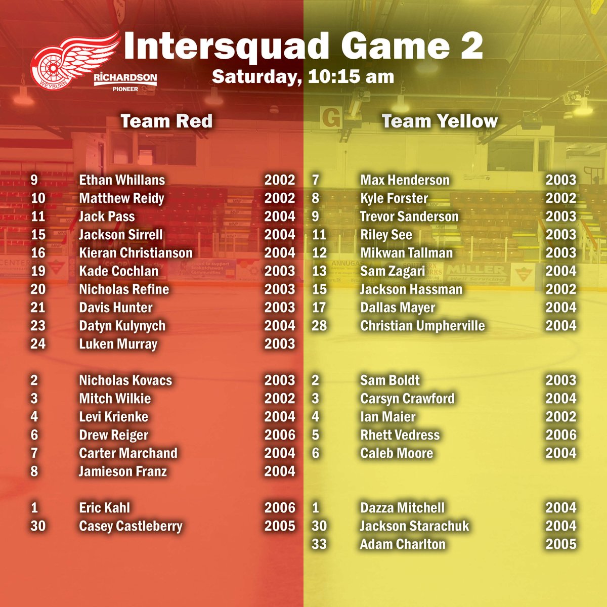 weyburnredwings's tweet photo. Our first intersquad game of camp just finished up, and the next one starts in 15 minutes! Here's a look at the two crews hitting the ice next.

#WeyburnRedWings #SJHL https://t.co/9IBkpzpEBh