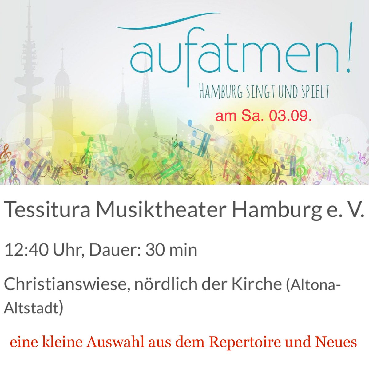 VHAT_Praesident's tweet photo. #aufatmen - Aktionstag am 03.09.

ℹ️ Programmpunkte
https://t.co/UVa6uwnRXa

ℹ️ Tessitura 
https://t.co/aK6A9GGtlS

#theater #kunst #kultur #hamburg
#vhat #bdat #amateurtheater
#theaterhamburg #theaterleben

#chor #chorverband #aktionstag
#musiktheater #altona #ottensen https://t.co/m3kwv9inm9