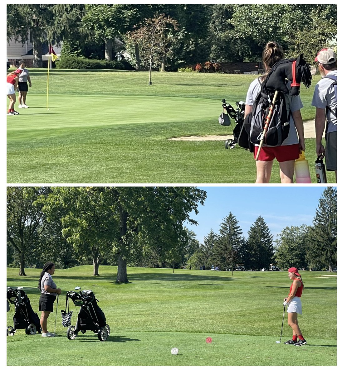 franklynbush's tweet image. Great day competing against @JeffAthletics in the Lebanon Invite. I’m giving this mom a nomination for “parent of the year!” due to her spirit and carrying the Broncho on her back! #9HolesDown #9ToGo