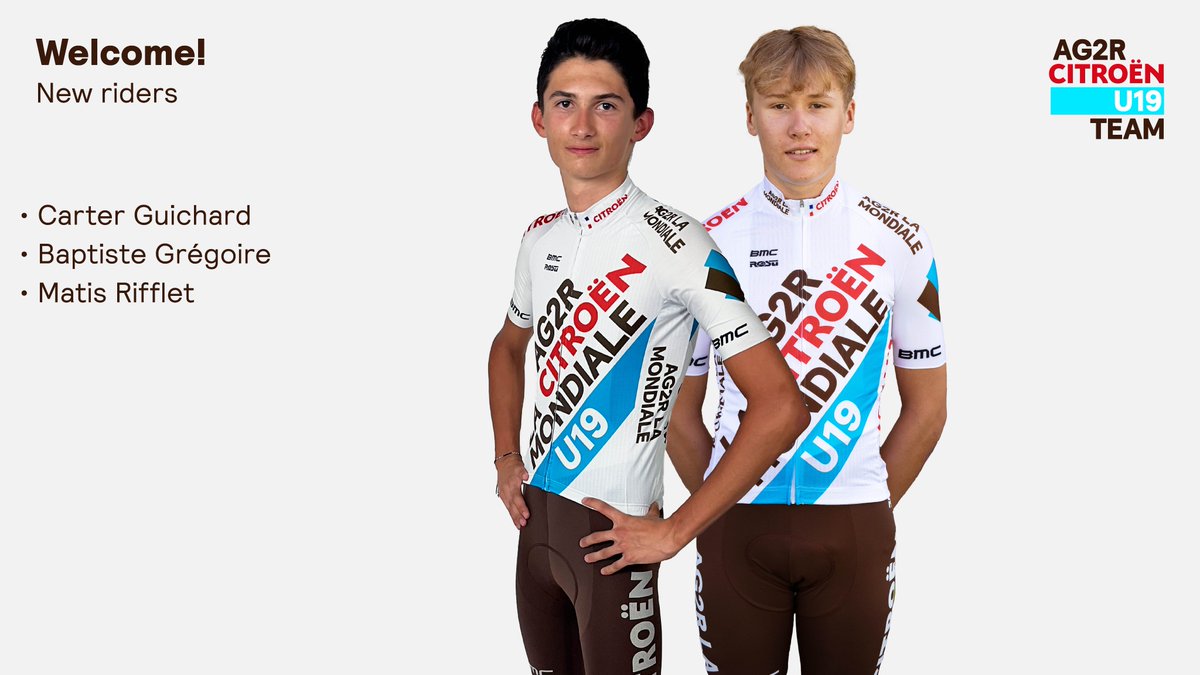 🚨 2023 
Welcome !
Nous accueillons pour la saison 2023, 3 coureurs issus des rangs cadets :
🇫🇷 <a href="/BaptisteGrgoir2/">Baptiste Grégoire</a> (issu de notre groupe cadet)
🇫🇷 <a href="/MatisRflt/">Matis Rifflet</a> 
🇳🇿 <a href="/CarterGuichard/">Carter Guichard</a>