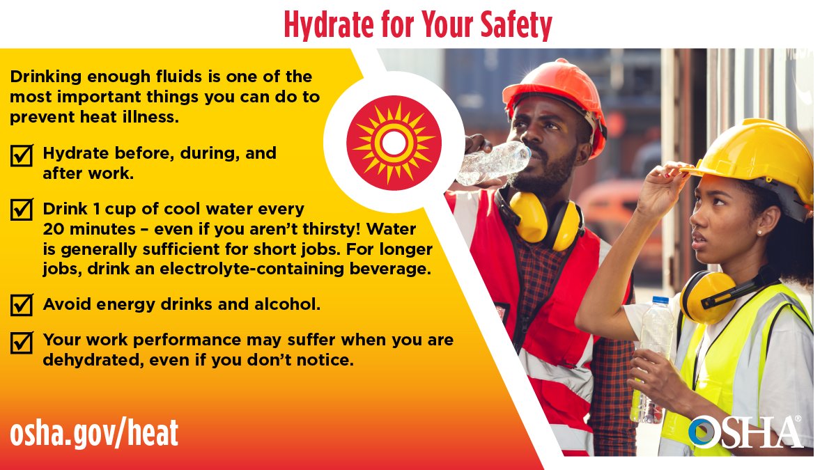 OSHA_DOL's tweet photo. To prevent heat-related injury or death, workers should drink water frequently (even if they aren’t thirsty), take plenty of rest, and have access to a place where they can cool down away from the heat and sun. https://t.co/6EpVrAiEGZ #HeatSafety #WaterRestShade https://t.co/vQnFnlHRtk