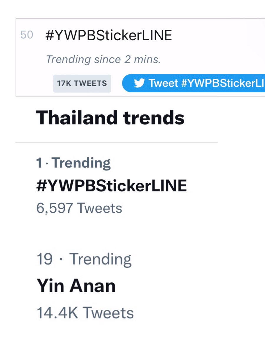 mooyortrends's tweet photo. Worldwide trends 
No.50 #YWPBStickerLINE 
17K/45.1K 

Thailand trends 
No.1 #YWPBStickerLINE 
6,597/45.1K 
No.19 Yin Anan 
14.4K Tweets 
Mentions No.5 @yinyin_anw 3K 
22-08-2022 14:25 
#yinyin_anw #warwanarat #หยิ่นวอร์ 
#warwanarat  @warwanarat W.Wanarat #Mooyortrends https://t.co/2nAjTl1x6a