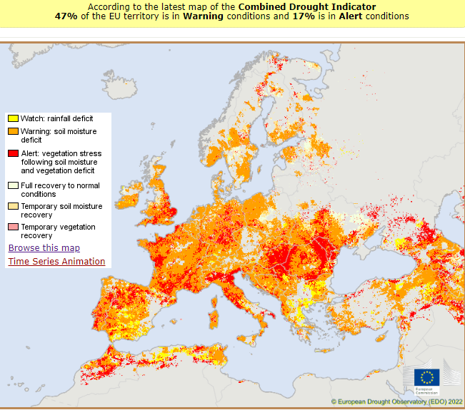 Much of #Europe is facing an intensely hot, dry summer with 47% of #EU territory in Warning conditions and 17% in Alert conditions.
#drought