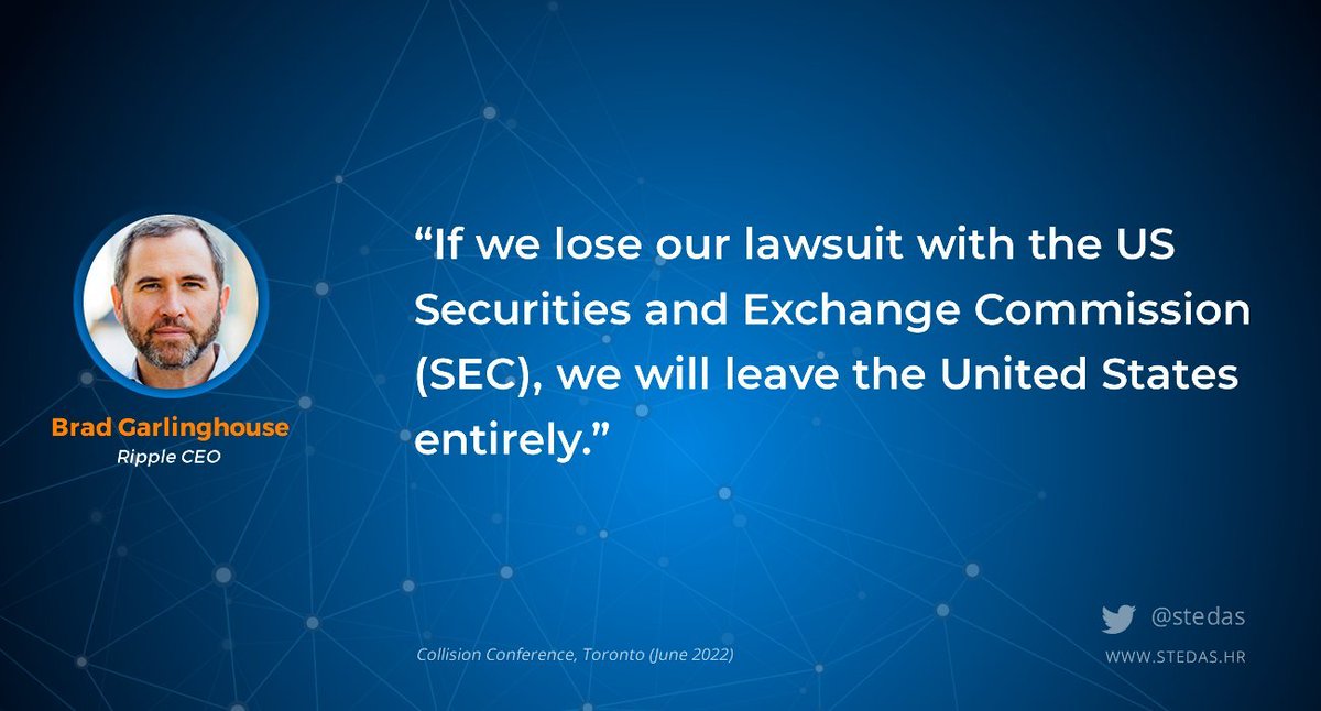 stedas's tweet photo. SEC 🆚 Ripple

"If we lose our lawsuit with the SEC, we will leave the United States entirely."
- Brad Garlinghouse, CEO @Ripple

#fintech $xrp 
👉https://t.co/0lcYGbgZkl https://t.co/IosvjY03lA