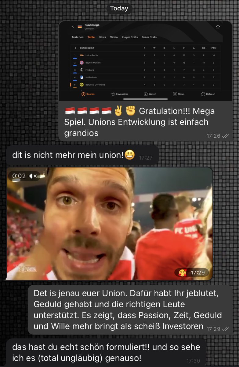 Stimmung!! <a href="/fcunion/">1. FC Union Berlin</a> #Berlin e.V. (!!!!) setzt Zeichen. Nix ausgegliedert in Co. KGs / GmbHs, keine Investoren die sich den Verein als Spielzeug neben anderen Hobbys wie Nutten, Koks &amp; Erdbeeren angelegt haben. Trotzdem erfolgreich! Weiter so! #S04FCU #unveu #Eisern