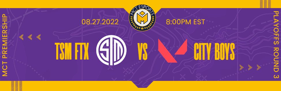 We are at the final 4 of the MCT Premiership Playoffs!

Todays schedule -

Lower Round 3: <a href="/OXG_Esports/">Oxygen Esports</a> vs <a href="/ZeroMarksMen/">ZMM</a> 
⏰5PM ET

Winners Finals: <a href="/TSM/">TSM</a> vs City Boys
⏰8PM ET

🔗twitch.tv/mctesportsleag…