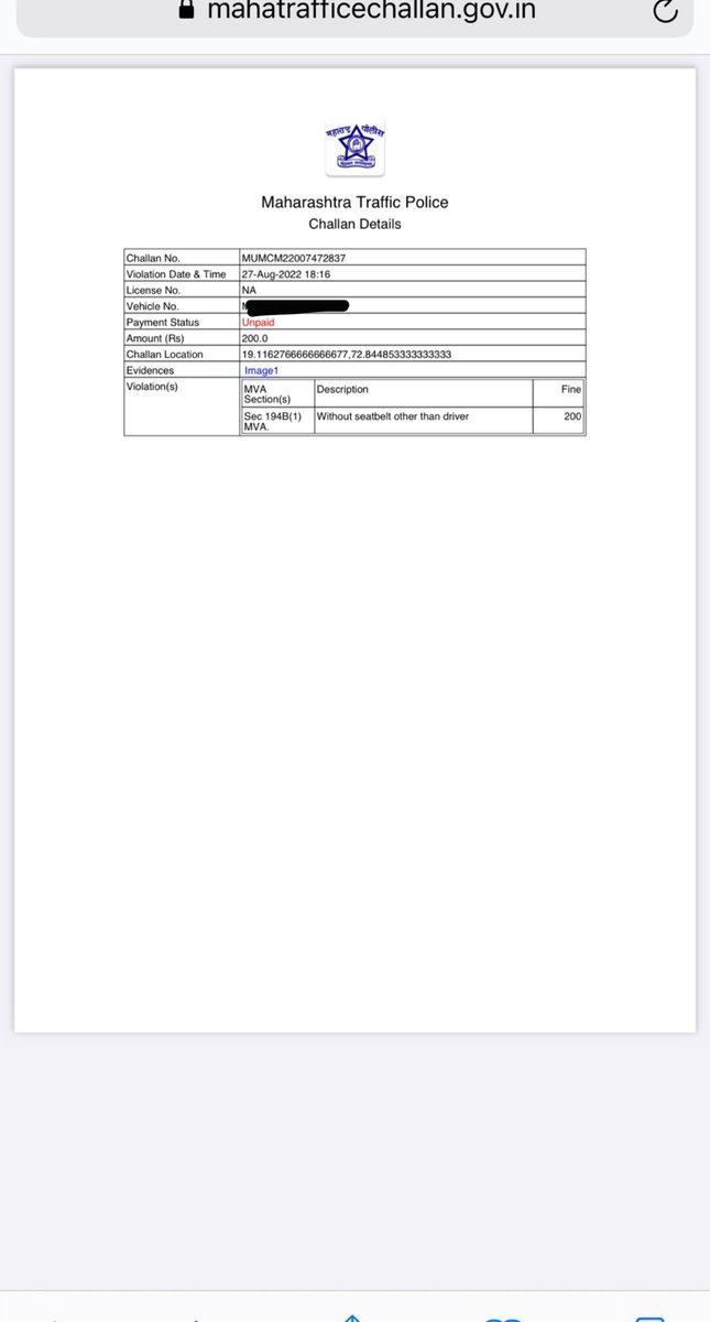 zarnashahh's tweet photo. So I recvd this challan today for ‘without seatbelt other than driver’. Even after complaining, it says it is clicked by officer on duty. Firstly, i was only one in the car. Second, I WAS WEARING A SEAT BELT.??! What is the solution to this? @MumbaiPolice @MTPHereToHelp https://t.co/gYpQsbzSOF