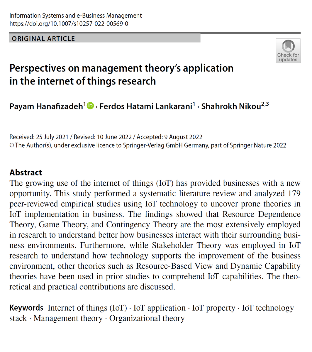 Free access to the paper "Perspectives on management theory’s application in the internet of things research":

rdcu.be/cUm5A

#iot #theory #internetofthings  #iotapplications #iotsolutions #iottechnology #iotdevelopment