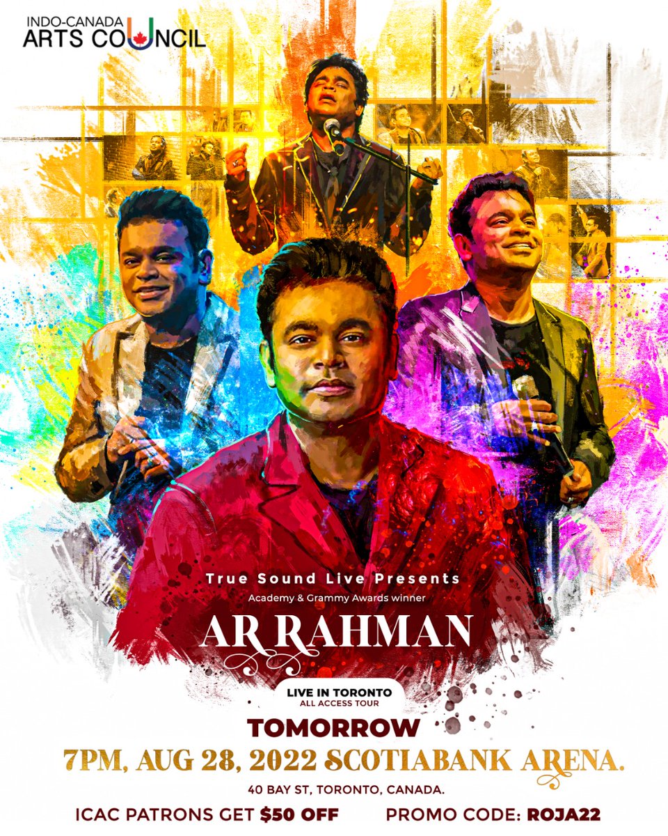 Come and experience the beauty of the melodious <a href="/arrahman/">A.R.Rahman</a>, on 28th August at <a href="/ScotiabankArena/">Scotiabank Arena</a> from 7 pm onwards. Special Offer for ICAC subscribers and Patrons. Unlock $𝟓𝟎 off with the Promo Code: 𝐑𝐎𝐉𝐀𝟐𝟐
#Toronto #concert #liveconcert  #ARRahman #ScotiabankArena #music