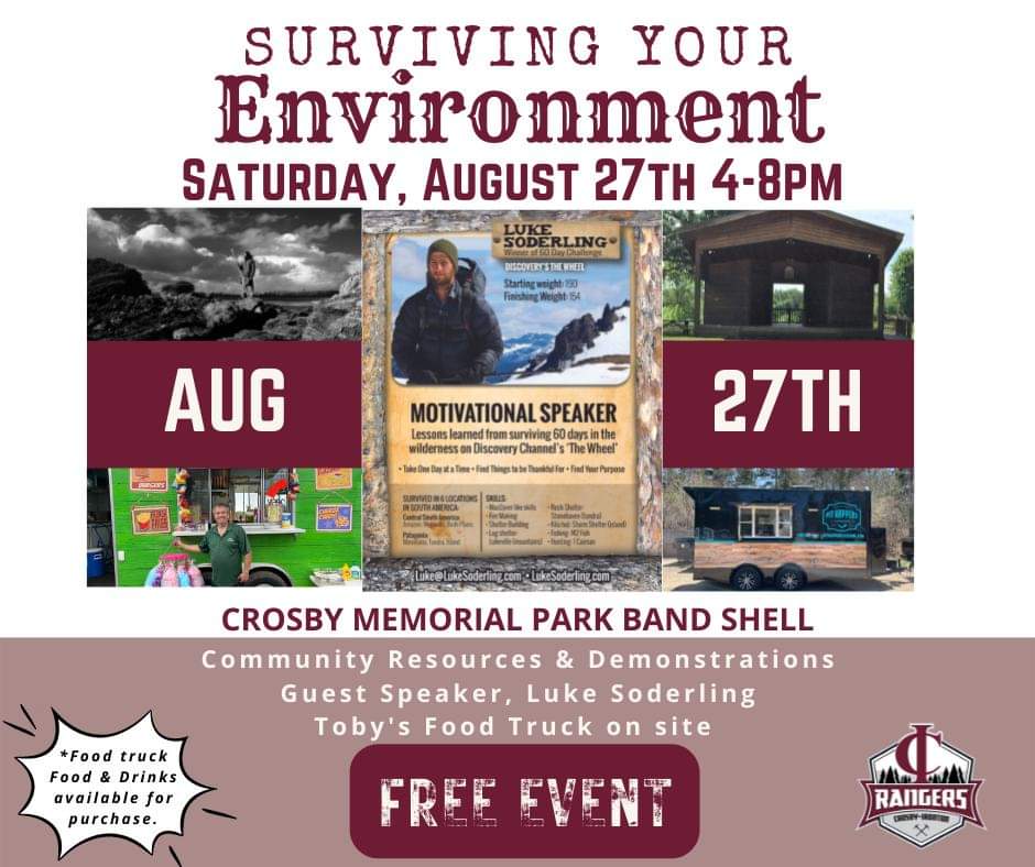 It looks like the rain is going to hold off and our event will proceed at the Crosby City Park Bandshell as planned!!
Join us at 4:00pm TODAY for community resources, interactive demonstrations, Toby's food truck and guest speaker - Luke Soderling!!
See you at the park!! #GoCIGo