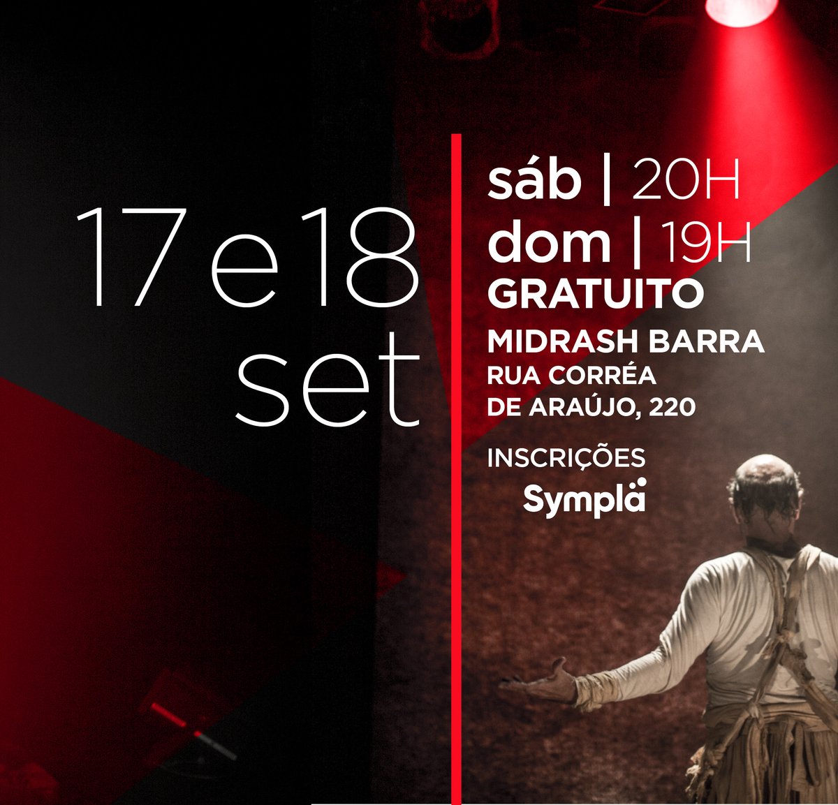 MidrashCultural's tweet photo. Não perca! Programe-se e venha prestigiar as apresentações gratuitas e especiais de “Cícero - a anarquia de um corpo santo”, nos dias 17 e 18 de setembro (sábado às 20h e domingo às 19h), no Midrash Barra. Ingressos limitados no site ou aplicativo da @Sympla. #Teatro #CulturaRio https://t.co/rXwLXy7Ral