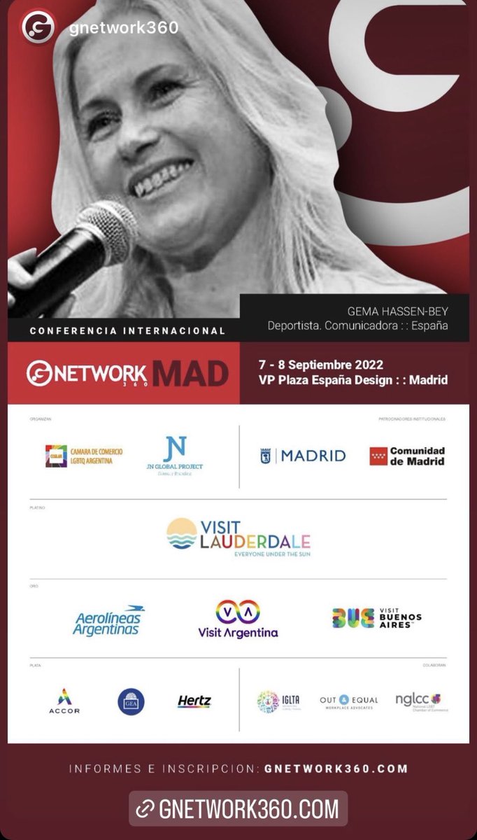 Gracias @gnetwork360 y @ccglar por invitarme a participar de esta edición del #NetworkMAD en Madrid donde tendré el gusto de entrevistar a @GemaHassenBey 

7 y 8 septiembre #Madrid 

#G360MAD #GNetwork360