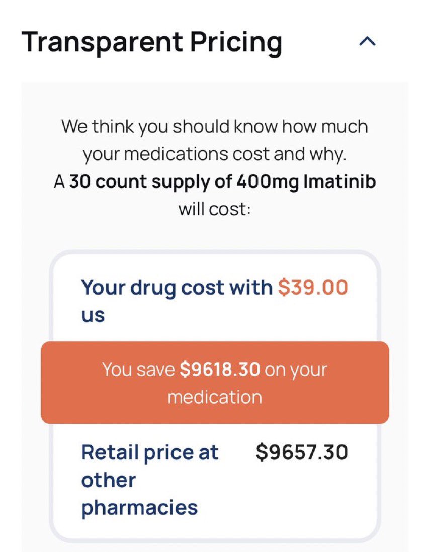 VincentRK's tweet photo. The wonder drug for chronic myeloid leukemia, imatinib. 

$10,000 retail 
       or 
$40 at @costplusdrugs 

Take your pick. 
Also think about why does this madness in pricing happen?

Check out >700 other drug prices https://t.co/C56UshPRMN #CostVR https://t.co/emYZVFkm52