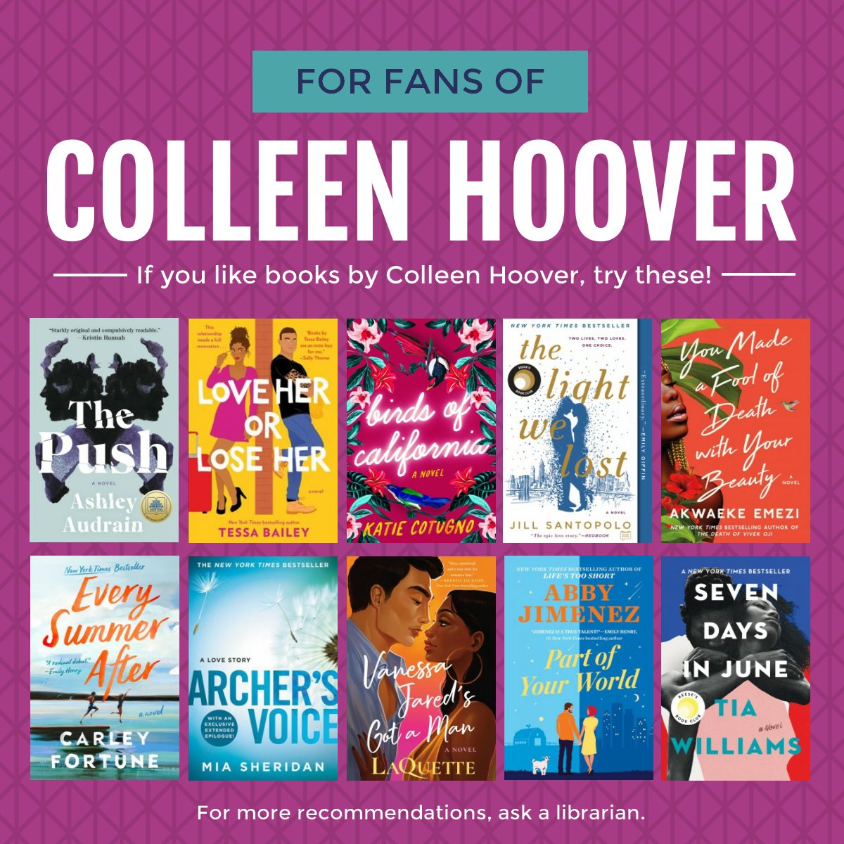 chilton_library's tweet photo. Still on hold for the next Colleen Hoover book?  Here are some other titles to read while waiting.  
#colleenhoover #whattoreadnext #chiltonlibrary #chiltonwi https://t.co/kc7vheoh21 https://t.co/UhKjgIr6tP