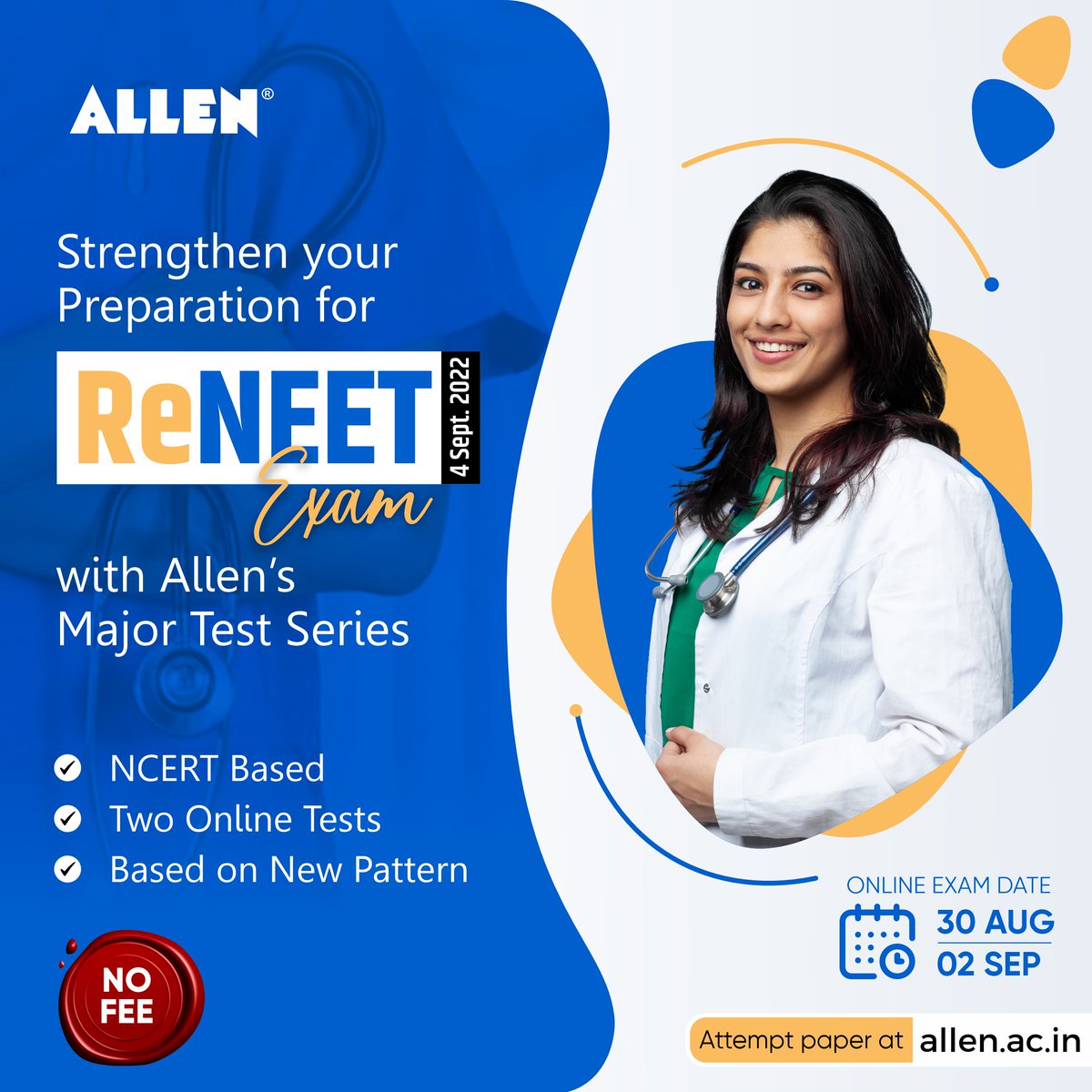 ALLENkota's tweet photo. β ReNEET 2022 exam is just around the corner!
π Boost your preparation with ALLEN's Major Test Series...
π
The tests will be conducted on 30th August and 2nd September.
π Attempt both papers at https://t.co/PCau9gzbSA
#ReNEET #ALLENKota #MajorTestSeries #FreeMock https://t.co/U0BbhEtr00
