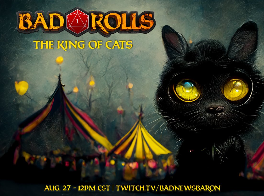 BadRollsShow's tweet photo. DnD One Shot 2: The King of Cats is starting live on Twitch in one hour! Join us for a magical romp through the Neverwinter's decidedy non-hypoallergenic underbelly. https://t.co/cqSCRANj8F