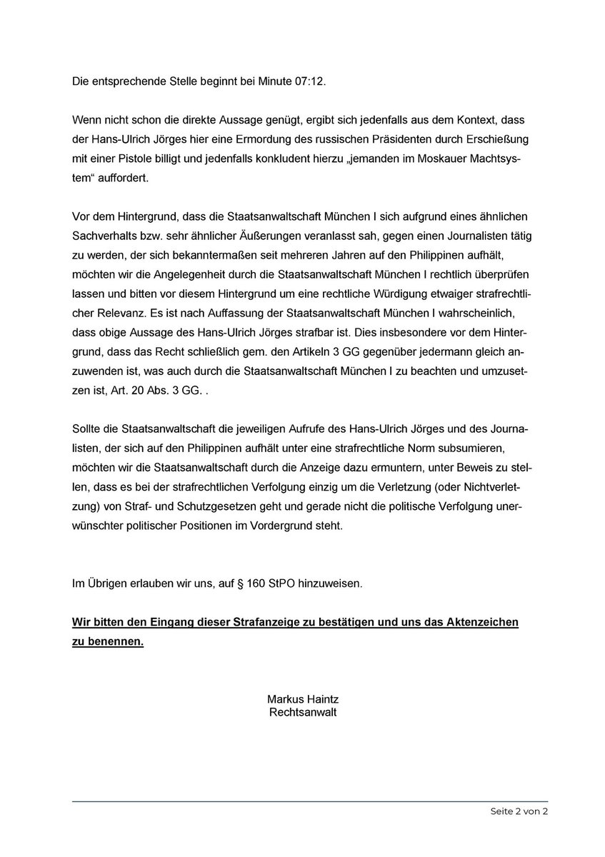 Haintz_MediaLaw's tweet photo. Meine #Strafanzeige gegen den #Bild Journalisten Hans-Ulrich #Jörges für seinen #Mordaufruf gegen den russischen Präsidenten Wladimir #Putin. 

Ich bin sehr gespannt, ob die Staatsanwaltschaft ähnlich verfährt, wie im Fall Oliver #Janich. https://t.co/Rr6x6UIxyd
