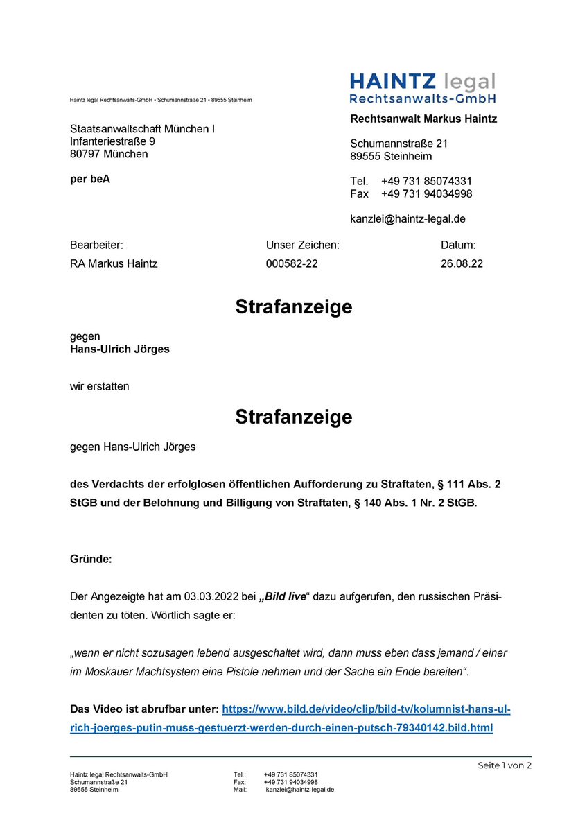 Haintz_MediaLaw's tweet photo. Meine #Strafanzeige gegen den #Bild Journalisten Hans-Ulrich #Jörges für seinen #Mordaufruf gegen den russischen Präsidenten Wladimir #Putin. 

Ich bin sehr gespannt, ob die Staatsanwaltschaft ähnlich verfährt, wie im Fall Oliver #Janich. https://t.co/Rr6x6UIxyd